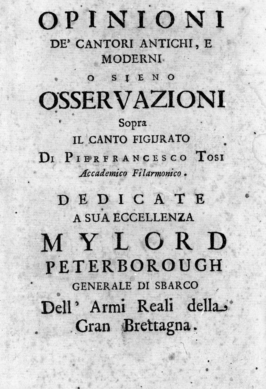 Frontispice of “” Opinioni dei cantori antichi e moderni ossiano osservazioni sopra il canto figurato”” by Pier Francesco Tosi (1653 - 1732), Italian castrate, composer and theorist. 1723 作者 未知艺术家