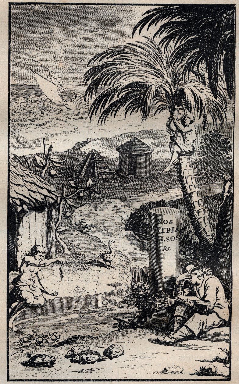 Francois Leguat (1637-1735) 法国探险家的 "Francois Leguat和他的同伴在东方印度的两个荒岛上的航行和探险 "一书的封面插图 - 1708年 作者 未知艺术家