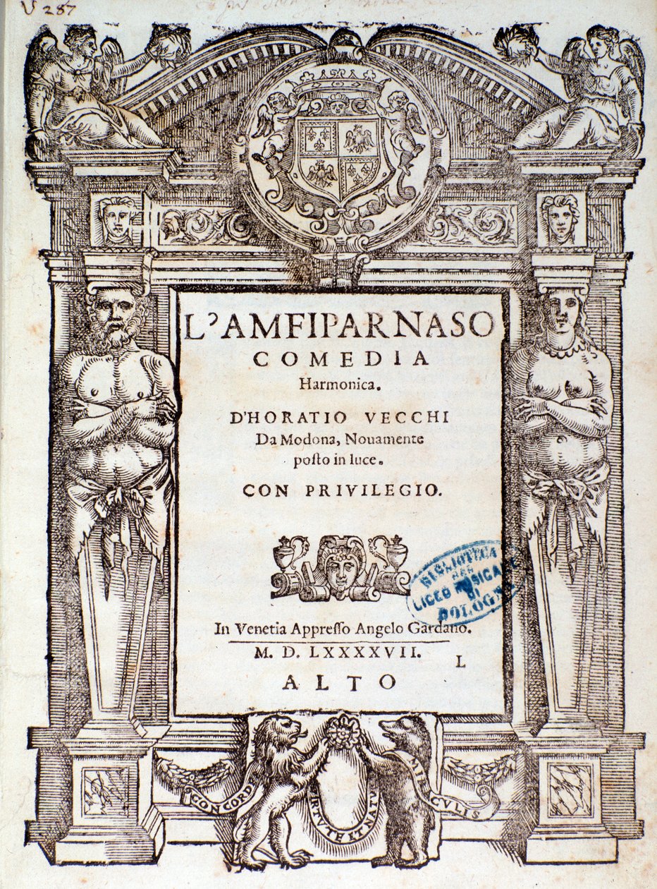 Orazio Vecchi 的 Amfiparnaso 牧歌喜剧的卷首画 作者 未知艺术家