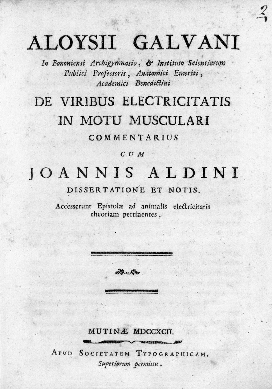 “Motu Musculari Commentarius 中的 De Viribus Electricitatis”的卷首“关于动物肌肉中电流循环的论文，由意大利物理学家 Luigi Galvani 撰写 作者 未知艺术家