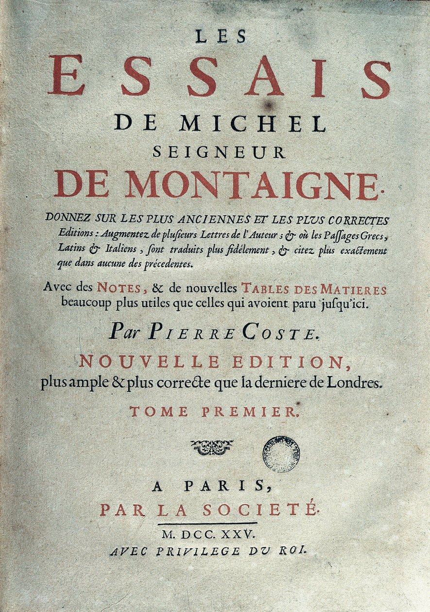 法国作家和人文主义者米歇尔·德·蒙田（1533-1592）的“Les essays”卷首画。 1725 年巴塞罗那。 加泰罗尼亚图书馆 作者 未知艺术家