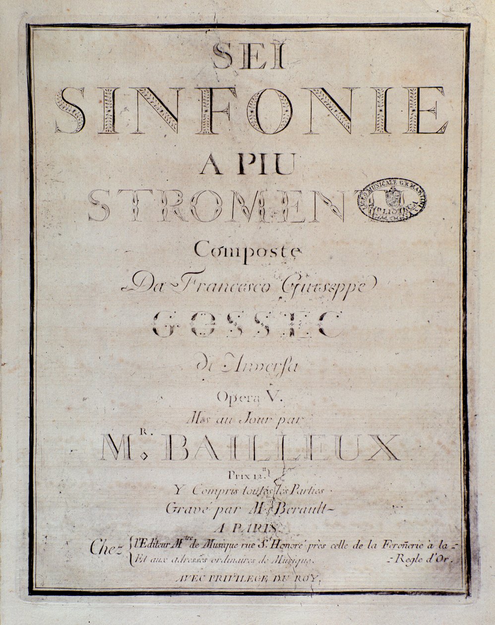 Sei sinfonie a piu 乐器 op 总谱的前奏。 弗朗索瓦·约瑟夫·戈塞克 (Francois Joseph Gossec) 的 5（第一交响曲） 作者 未知艺术家
