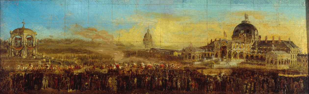 1852 年 5 月 10 日在香榭丽舍大街举行的庆祝活动；总统亲王在祝福旗帜后离开。现巴黎第七区，1847 年至 1857 年（布面油画） 作者 未知艺术家