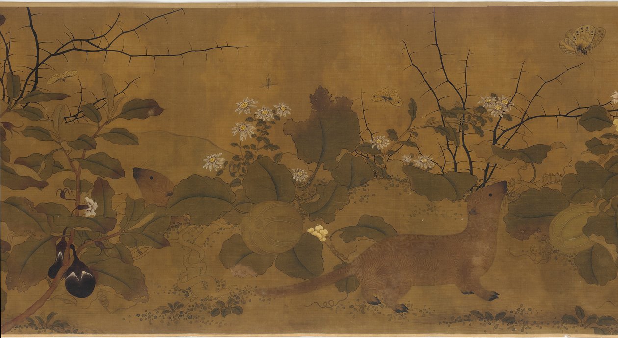 花园场景：瓜类、蛋类植物、花卉和两只黄鼠狼 作者 未知艺术家