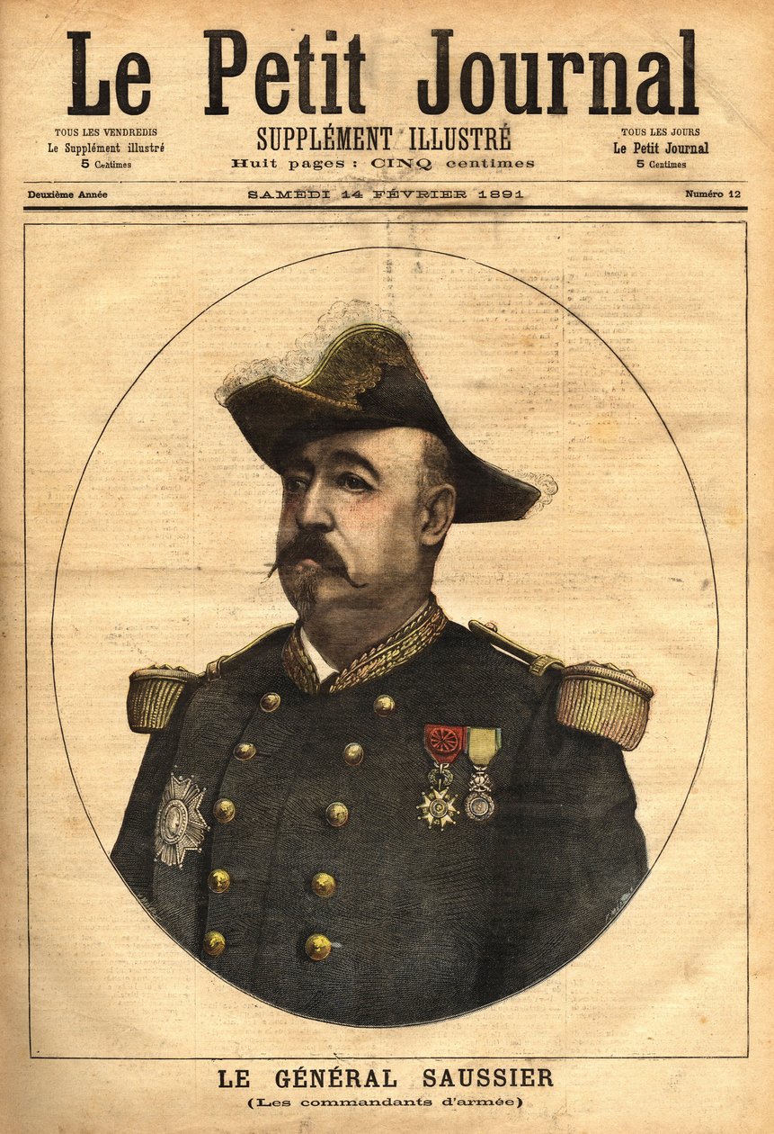 费利克斯·古斯塔夫将军 (Felix-Gustave) Saussier (1828-1905)，从 1882 年到 1902 年成为军队指挥官和战争高级委员会成员。 1891 年 2 月 14 日在“Le petit journal 显赫”上雕刻。 塞尔瓦的收藏。 作者 未知艺术家