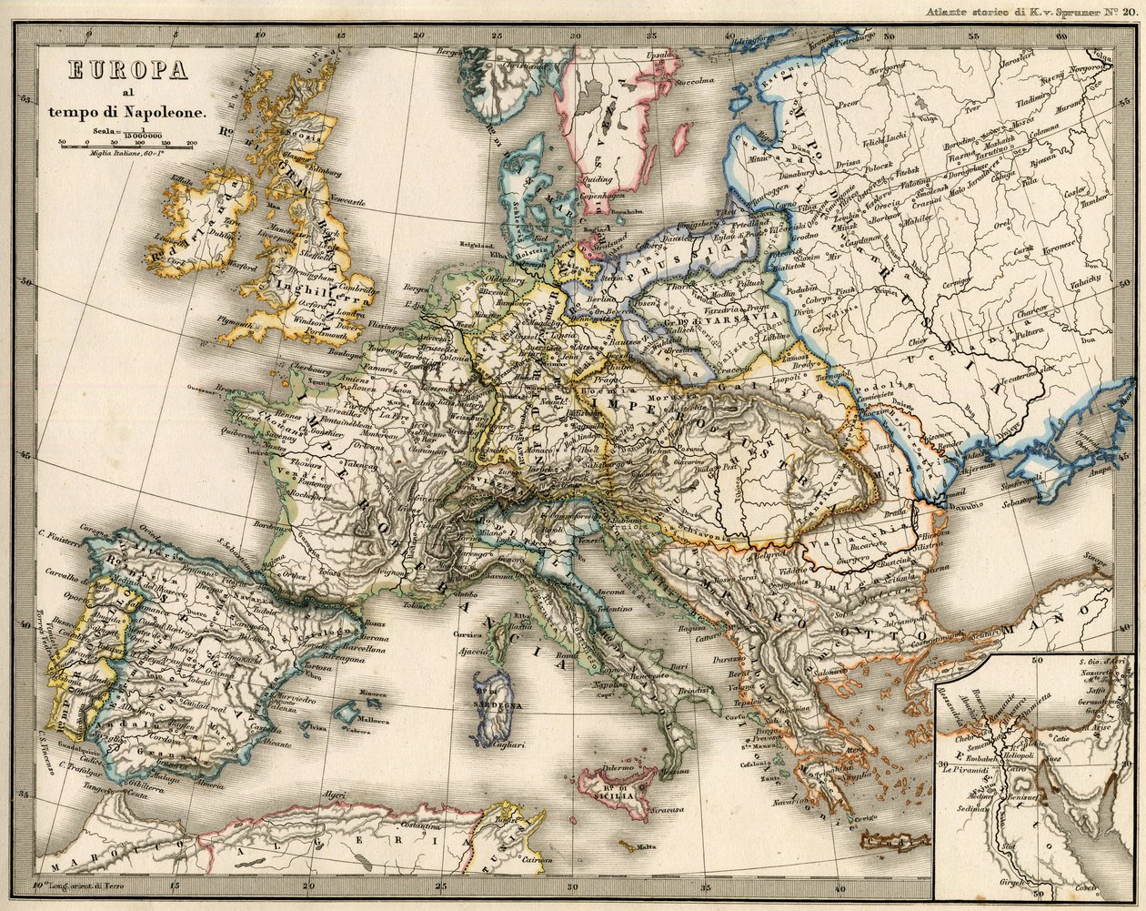 拿破仑一世时的欧洲地理图，载于K. von Sruner的 "Atlante Storico Geografico"。 作者 未知艺术家