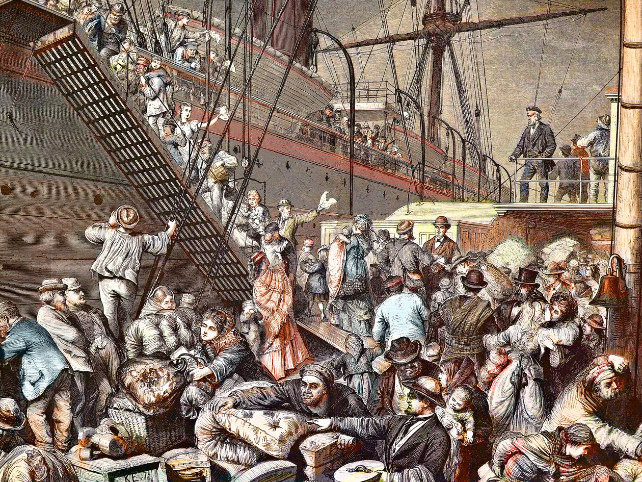 1874年前往纽约的德国移民在汉堡的汽船上登船，雕刻 - (Deutsche Emigranten) 作者 未知艺术家