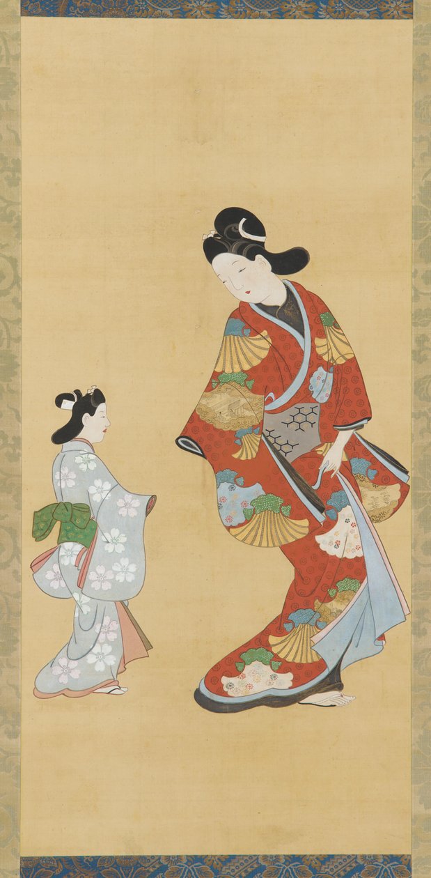 身着金色大红礼服的女孩和一个孩子 作者 未知艺术家