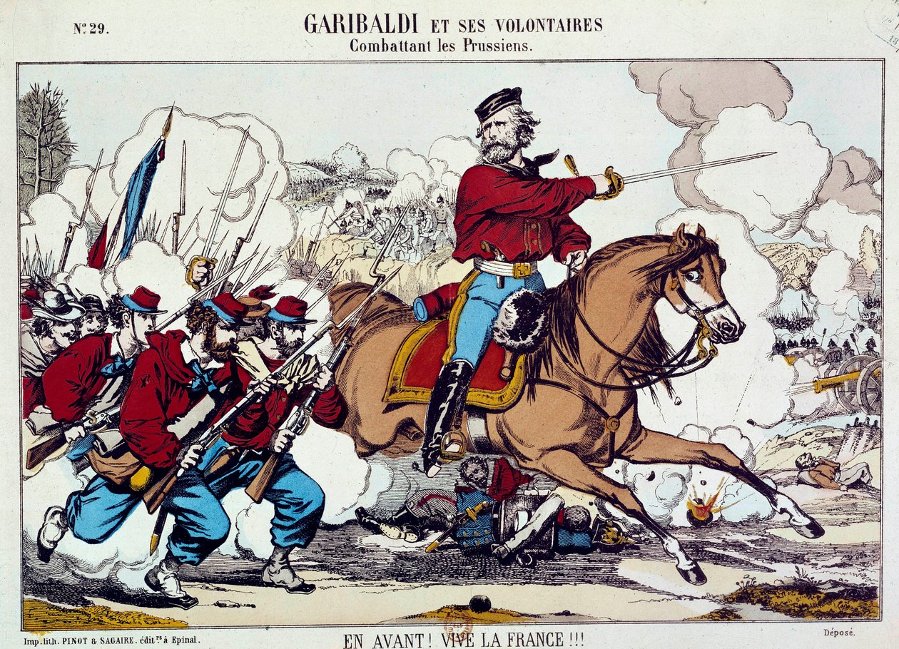 朱塞佩·加里波第（Giuseppe Garibaldi，1807-1882 年）与他的志愿者一起对抗普鲁士人。 “前进，法国万岁”大约 1871 年。雕刻 B.N. 巴黎 作者 未知艺术家
