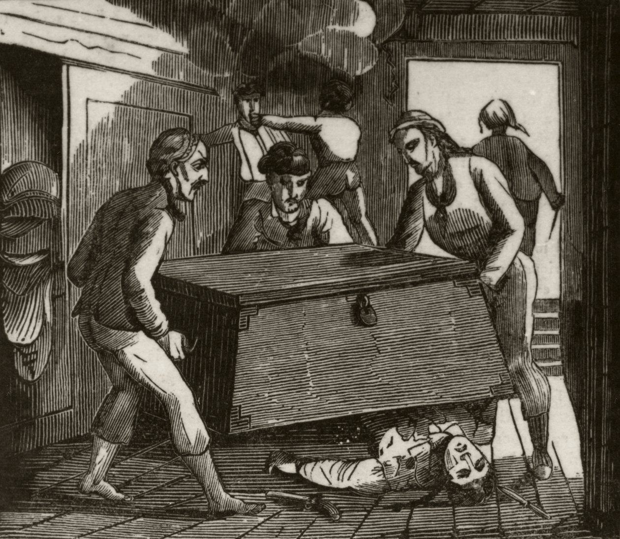 “戈登和他的同伴用一个大箱子将法国船长压死”，c.1836 作者 未知艺术家