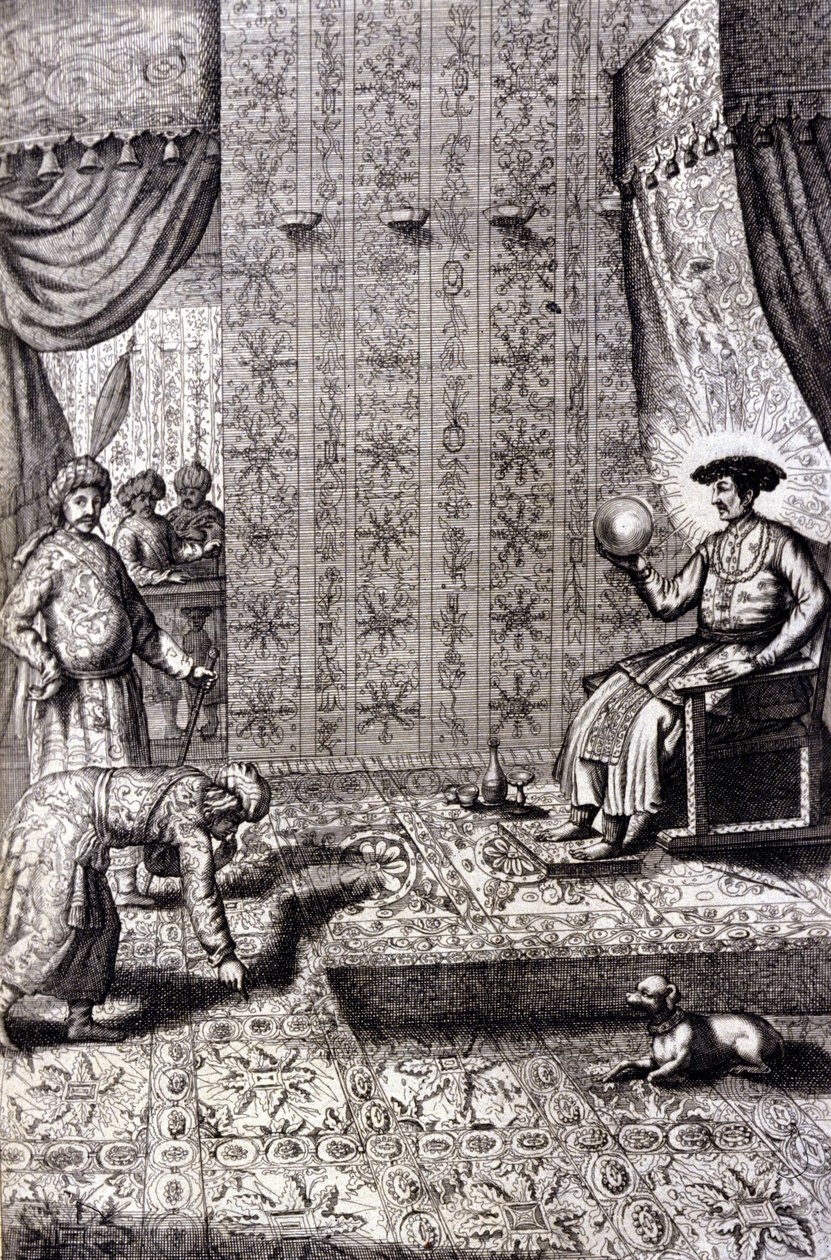 大莫卧儿（莫卧儿或莫卧儿）（可能是奥朗则布（1618-1707），又称阿拉姆吉尔）：王座大厅。"De China Monumenta"，作者Athanasius Kircher（1601 - 1680），耶稣会士、东方学家和德国学者，阿姆斯特丹1667年。 作者 未知艺术家