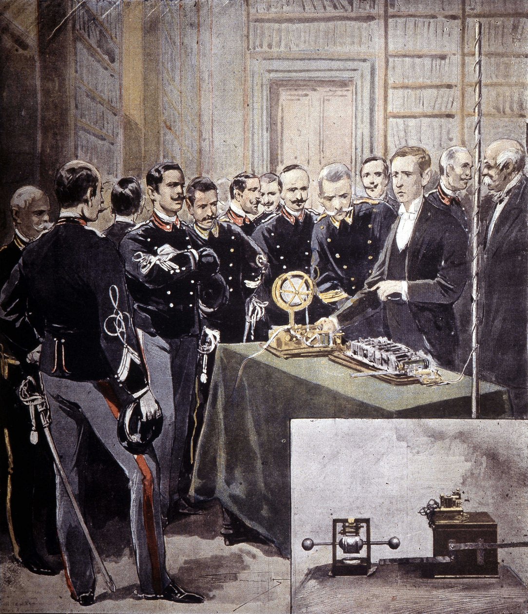 古列尔莫-马可尼于1897年在海军部的一次会议上提出了无线电报（TSF）。 作者 未知艺术家