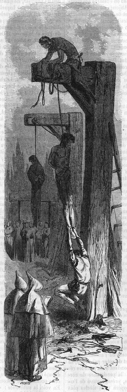 路易十一在橄榄树上吊死的魔鬼，理发师。19世纪的雕版画。 作者 未知艺术家