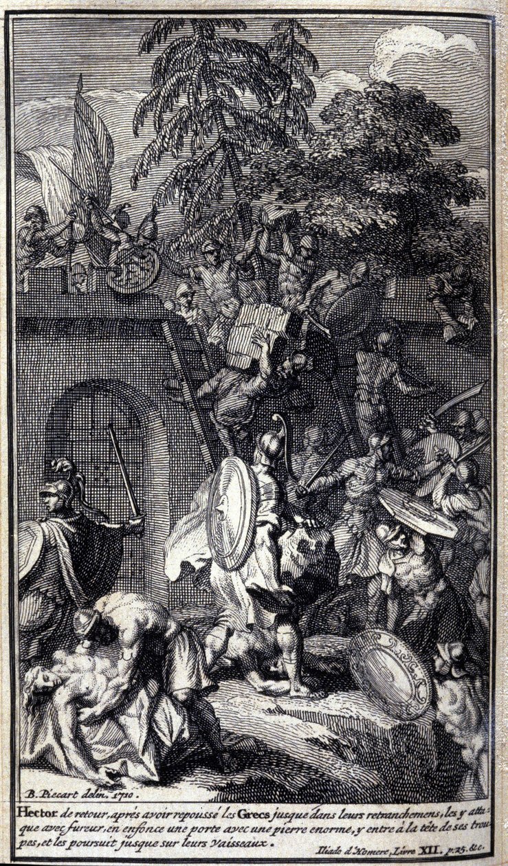Hector, back after pushing the Greeks back to their entrenches, attacks them with fury, sinks a door with a huge stone, enters it at the head of his troops, and pursues them to their ships. Illustration of book XII of the Iliad of Homere, French edition 作者 未知艺术家