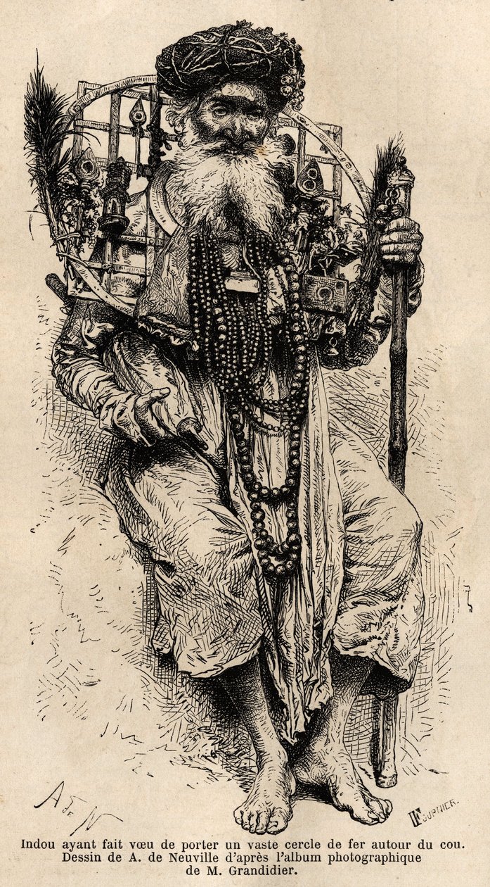 印度人发誓要在脖子上戴一个大铁圈。阿尔弗雷德-格兰迪耶于1862-1864年在印度经线省份的航行的插图，发表在 "世界之旅 "上，由爱德华-查顿指导，哈切特。 作者 未知艺术家