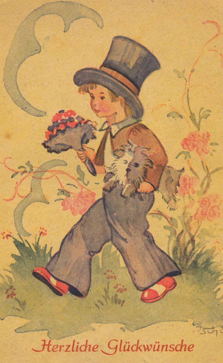 历史明信片，图案为一个男孩和一束鲜花以及一只小狗，贺卡 作者 未知艺术家