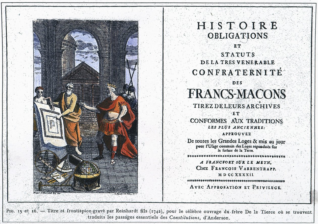 共济会最受尊敬的兄弟会的历史义务和章程：小莱因哈特 (Reinhardt Jr.) (1742) 为三世兄弟 (Brother of the Third) 的著名作品雕刻的标题和卷首图，其中翻译了安德森 (Anderson) 的“Con 作者 未知艺术家