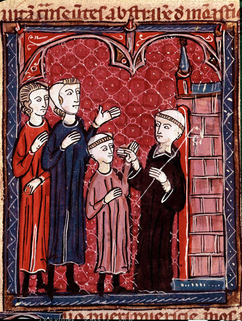 History of Canon Law: “” Two parents taking their son to a monastery””” Miniature taken from “Decret de Gratien”” (“Concordia discordantium canonum” or “Decretum Gratiani”) dating from 1140 and regulating the laws and canons of the Roman Catholic Church. 1 作者 未知艺术家