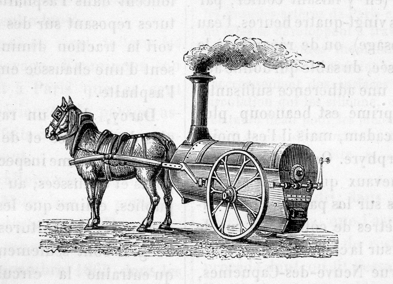 Horse pulling a steam machine - in “” The Wonders of Industry”” by Figuier 作者 未知艺术家
