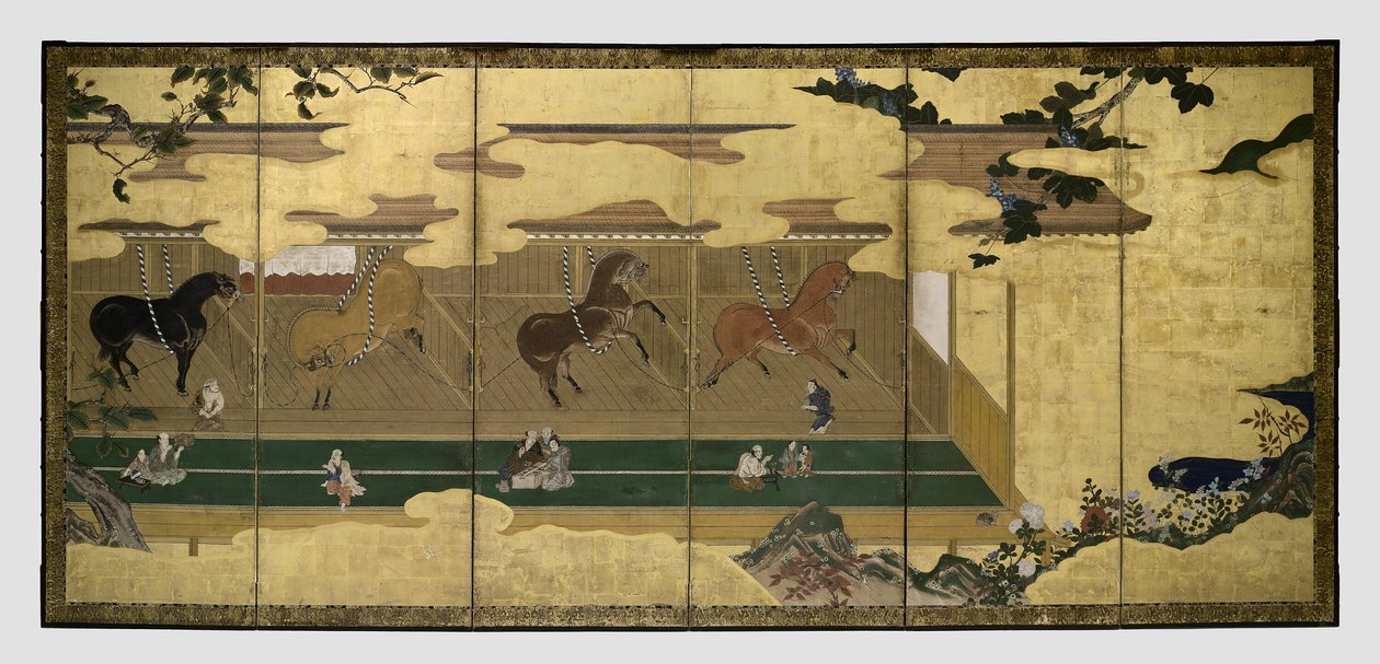 马厩中的马匹（Umaya-zu byobu） 作者 未知艺术家