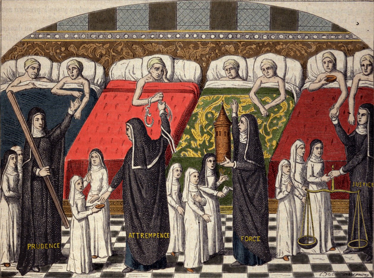 Hospital room at the Hotel Dieu in Paris. Good sisters are designeed by the name of virtues: prudence, temperance, strength and justice. Engraving after a 15th century miniature. 作者 未知艺术家
