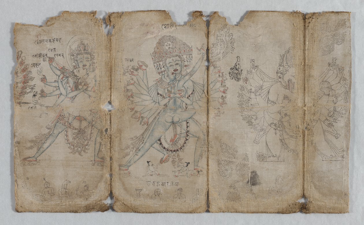 圣像图：Chakrashamvara 与 Vajravarahi、Hevajra 与 Nairatmya 和 Yamantaka（背面） 作者 未知艺术家
