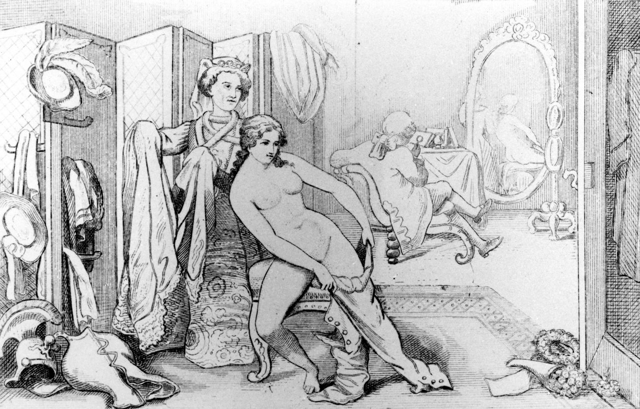 Illustration depicting Casanova and a naked woman - in “History of my life”” by Casanova. Brussels 1872. 作者 未知艺术家
