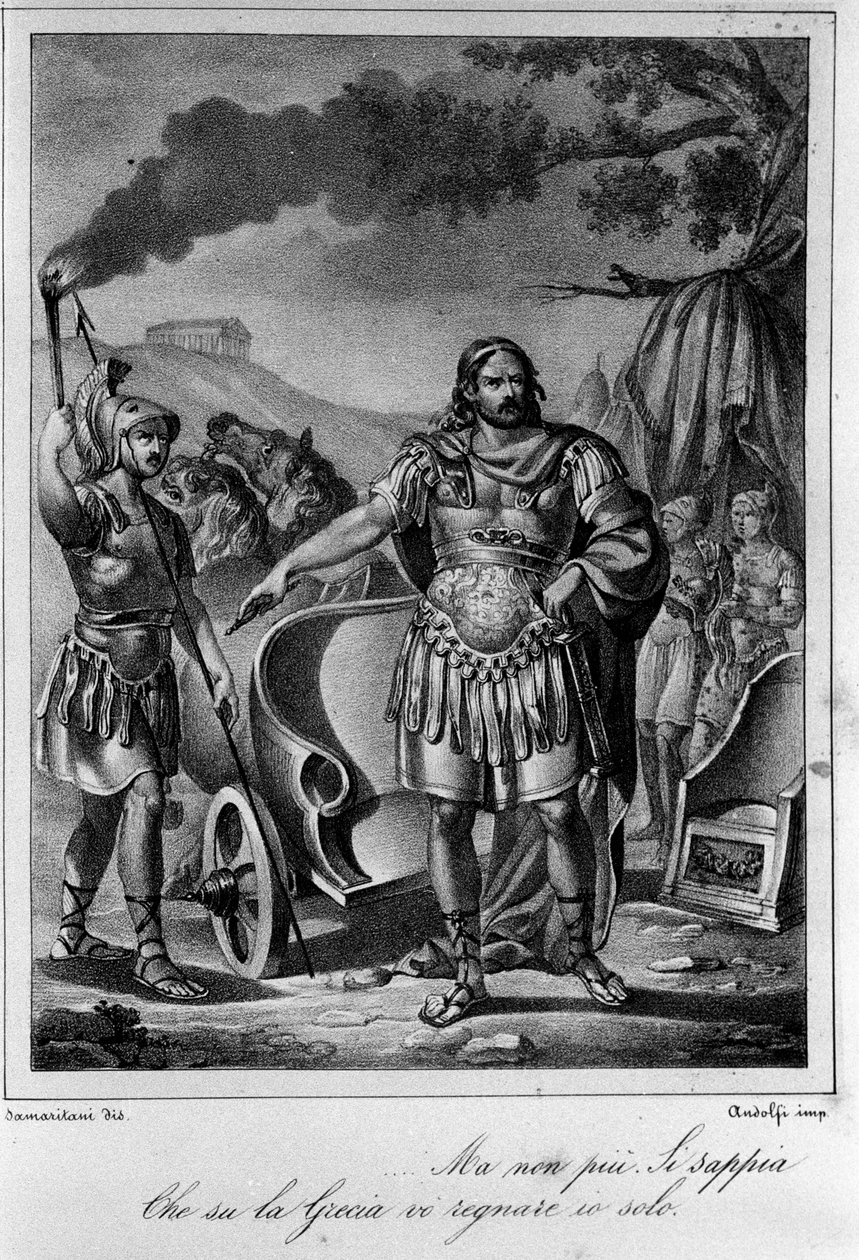 19 世纪意大利诗人兼剧作家乌戈·福斯科洛（Ugo Foscolo，1778-1827）的“阿贾克斯”（Aiace）第四幕场景 1 的插图 作者 未知艺术家