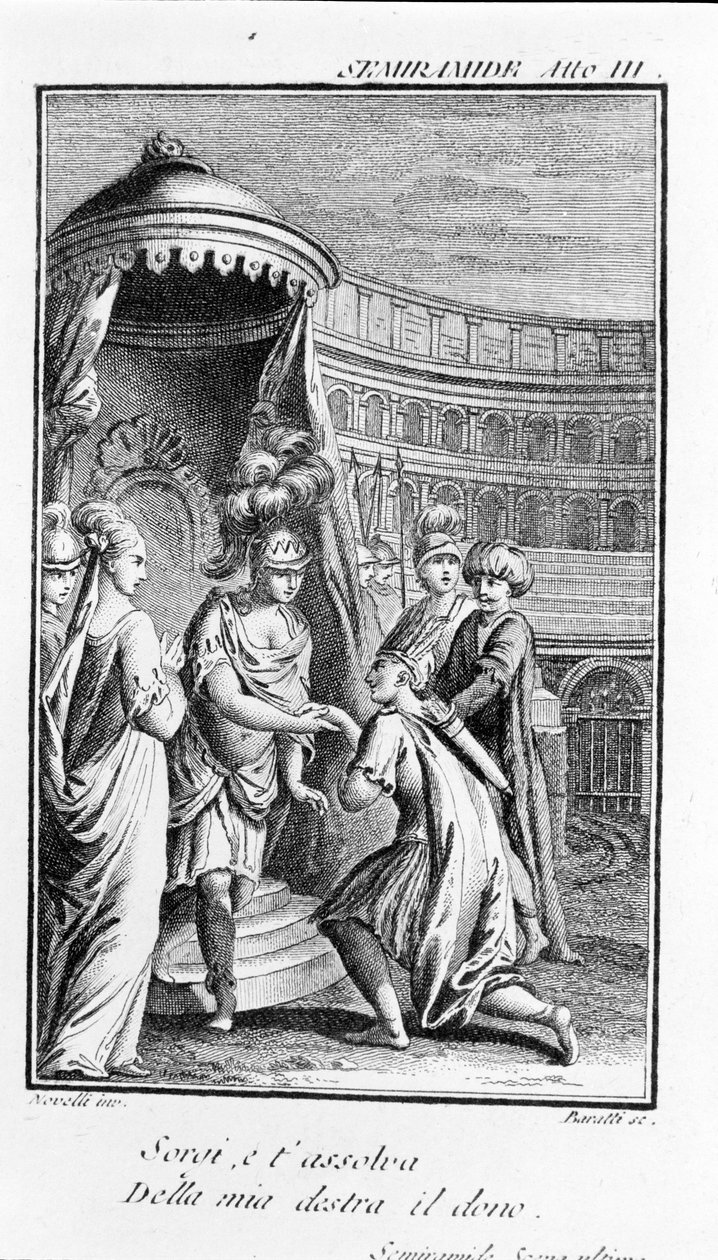 Illustration of Sémiramis, opera by Antonio Salieri (1750 - 1825). Booklet by Pierre Metastase (or Pietro Metastasio). Act III, last scene. 作者 未知艺术家