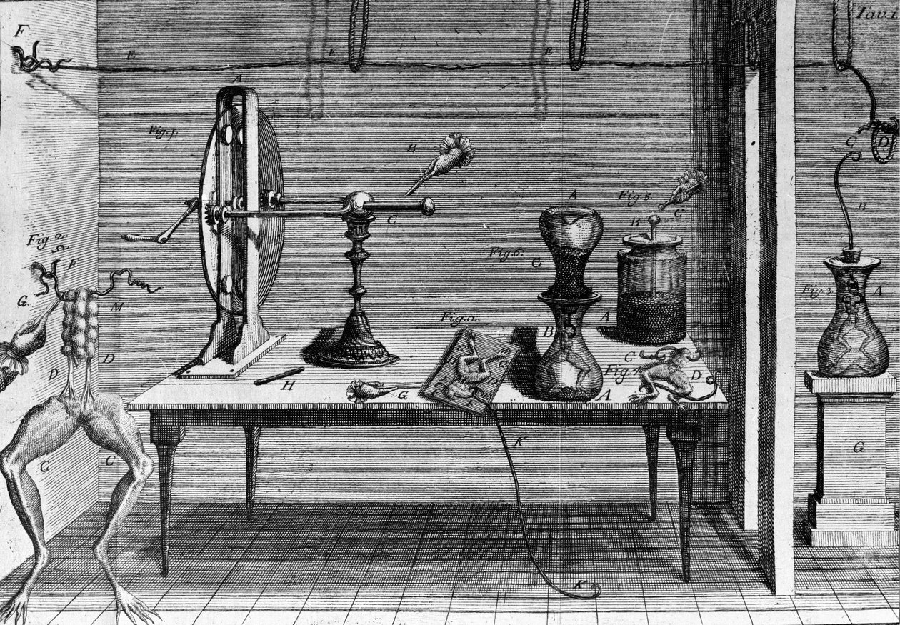 意大利物理学家兼医生 Luigi Galvani（1737 - 1798）的实验插图解释了电流移动青蛙腿的过程。 作者 未知艺术家