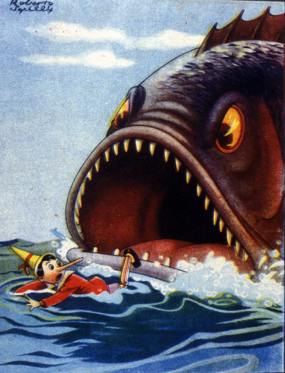 Illustration of the tale Pinocchio by Carlo Collodi. A huge fish is about to eat Pinocchio. 作者 未知艺术家