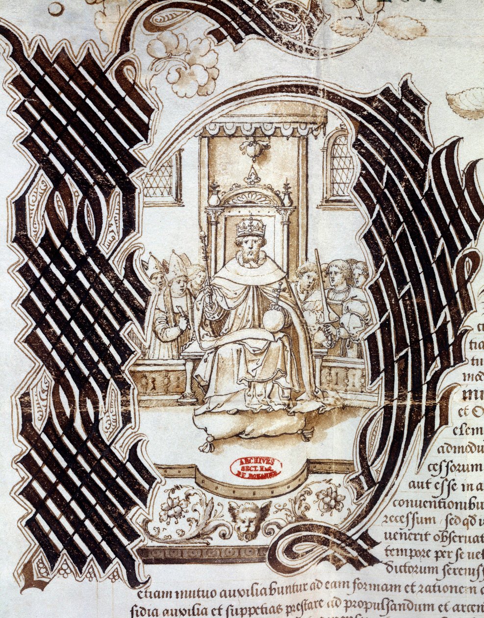 1522 年，查理五世与英格兰国王亨利八世（1491-1547 年）签署了温莎条约，根据描绘亨利八世的手稿预测法国将入侵。 1532 巴黎，国家档案馆 作者 未知艺术家