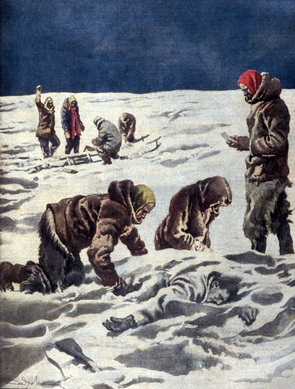 1930年，霍恩博士的挪威科学考察队发现了瑞典探险家所罗门·安德烈（SolomonAndrée）的遗体 作者 未知艺术家