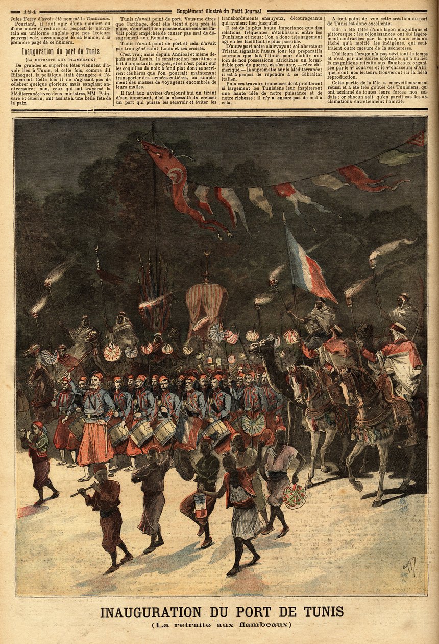 Inauguration of the port of Tunis, in the presence of French ministers Raymond Poincare (1860-1934) and Eugene Guerin (1849-1929). Engraving in “” Le petit journal”” 10/06/1893. Selva