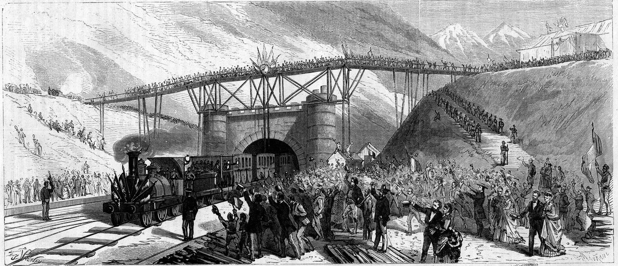 Inauguration of the tunnel of Mont Cenis (Monte Cenisio) in 1871.Arrival of the train invites to Bardonneche (Bardonecchia) 作者 未知艺术家
