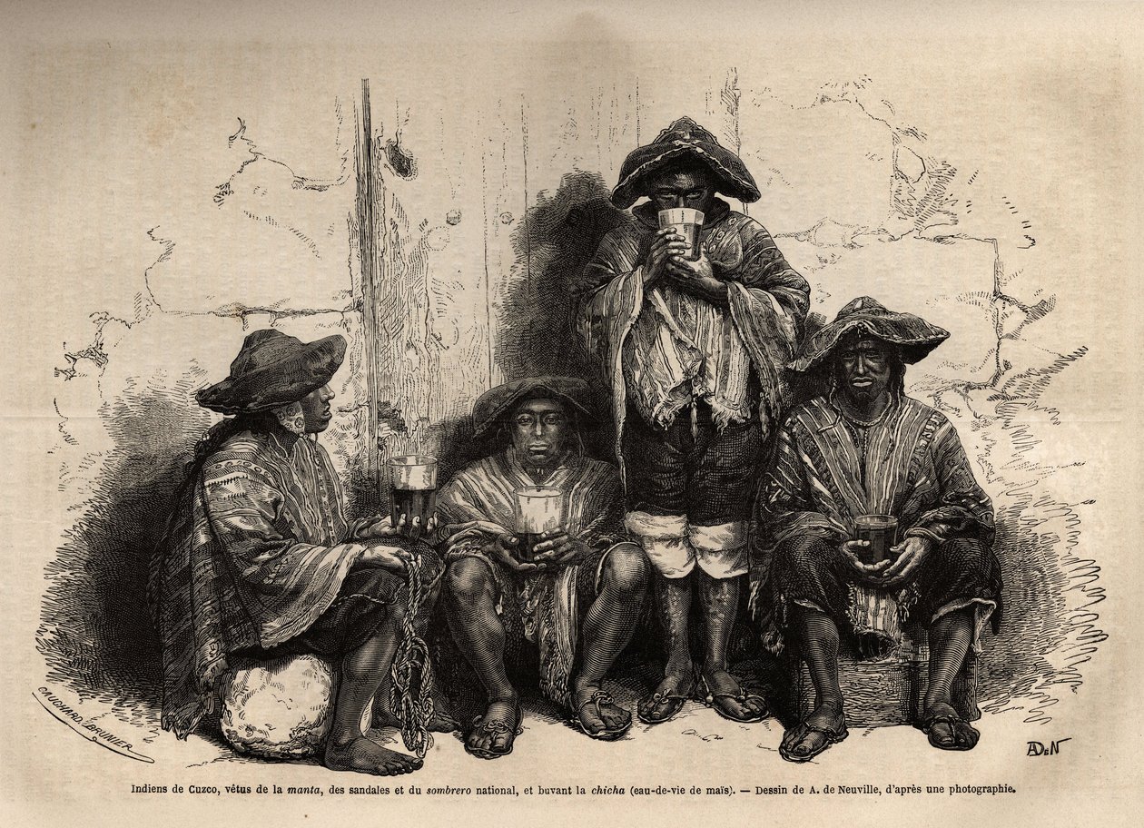 Indians of Cuzco (Peru), vetus of the manta, sandals and traditional sombrero, employed as labour for the exploitation of guano deposits in the Chincha Islands, drinking shisha, but fermented brandy. Engraving to illustrate Les iles Chincha, rect by L.Simo 作者 未知艺术家