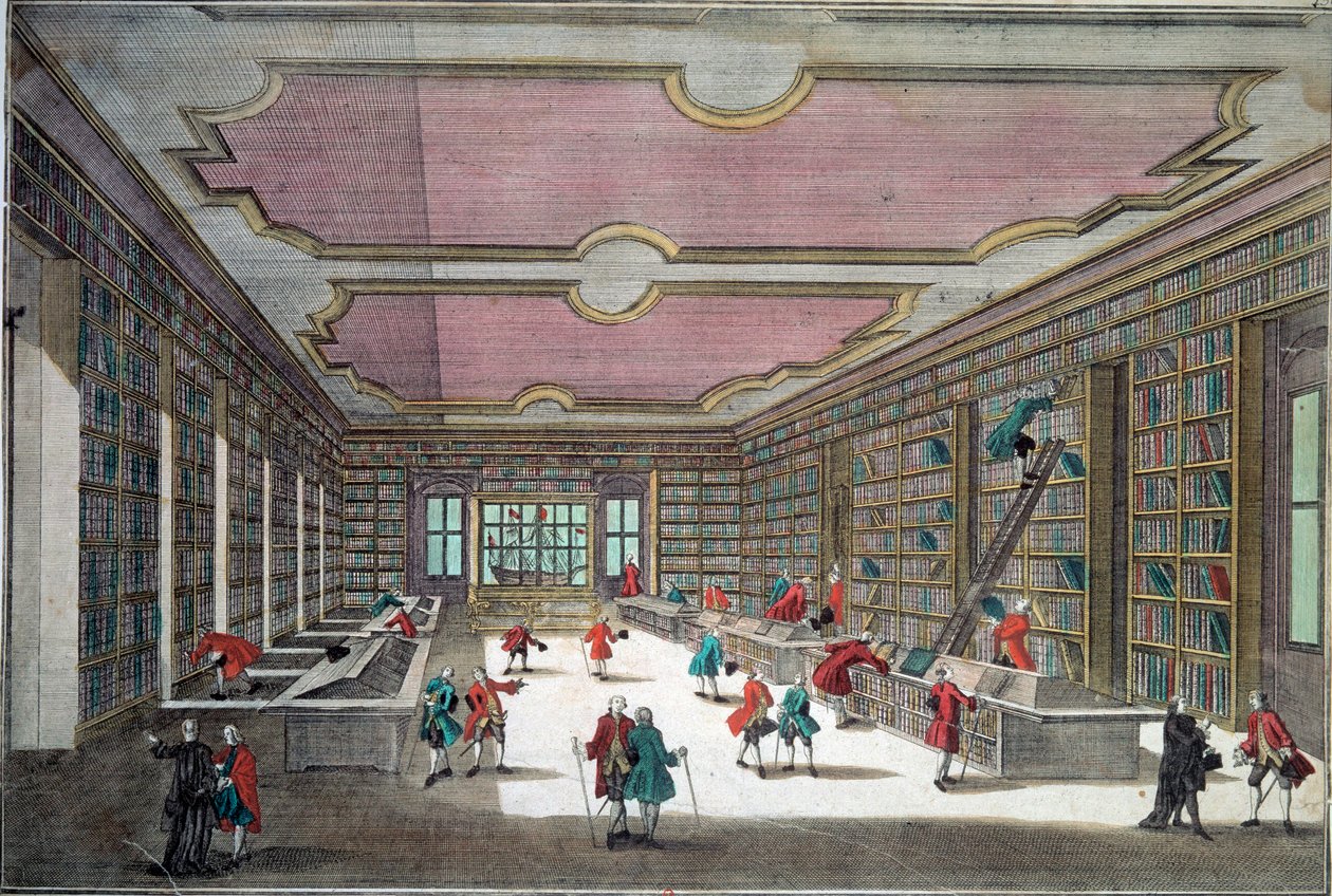 哥廷根图书馆的内部景观。18世纪巴黎的雕版画，B.N. 作者 未知艺术家