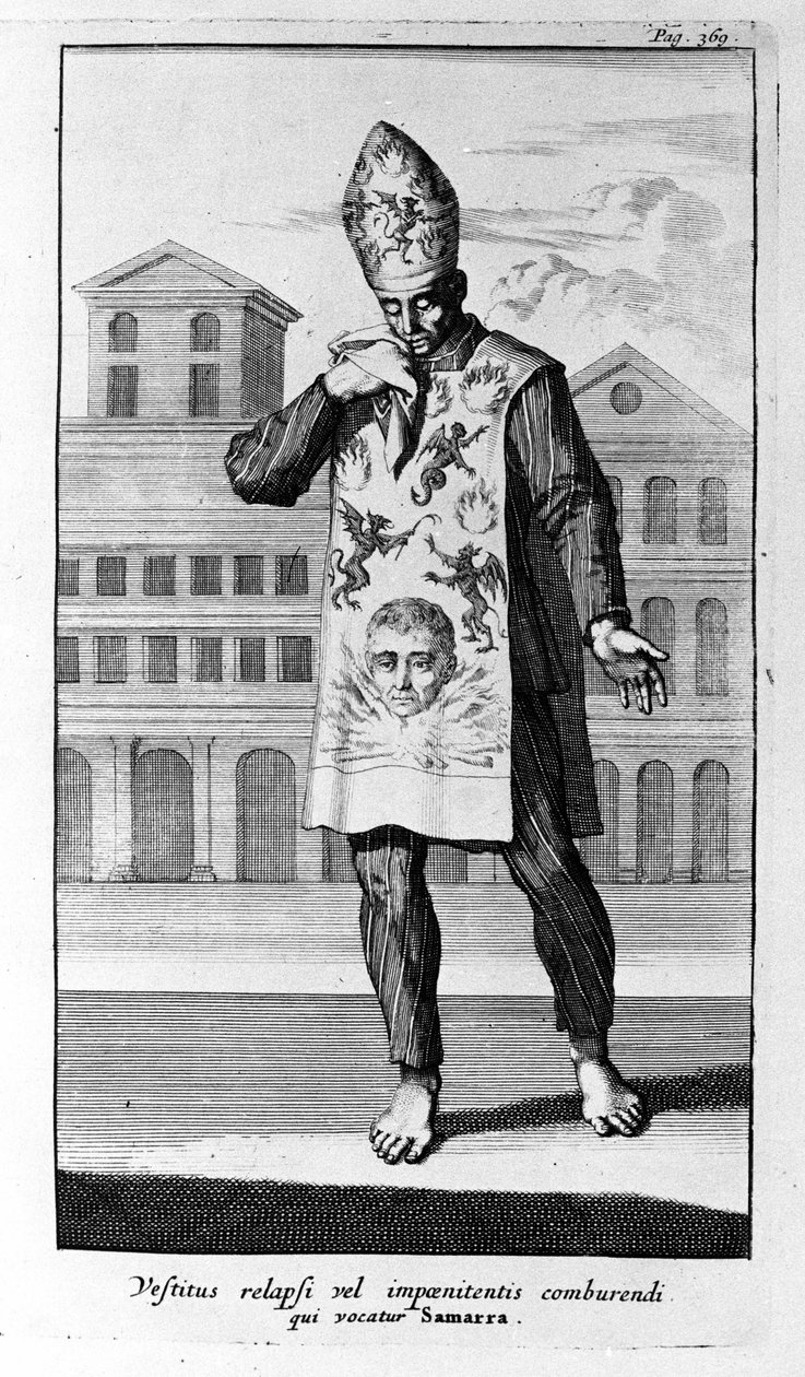审讯。 忏悔者所穿的萨马拉服装。 1692 年阿姆斯特丹宗教裁判所历史雕刻。 作者 未知艺术家