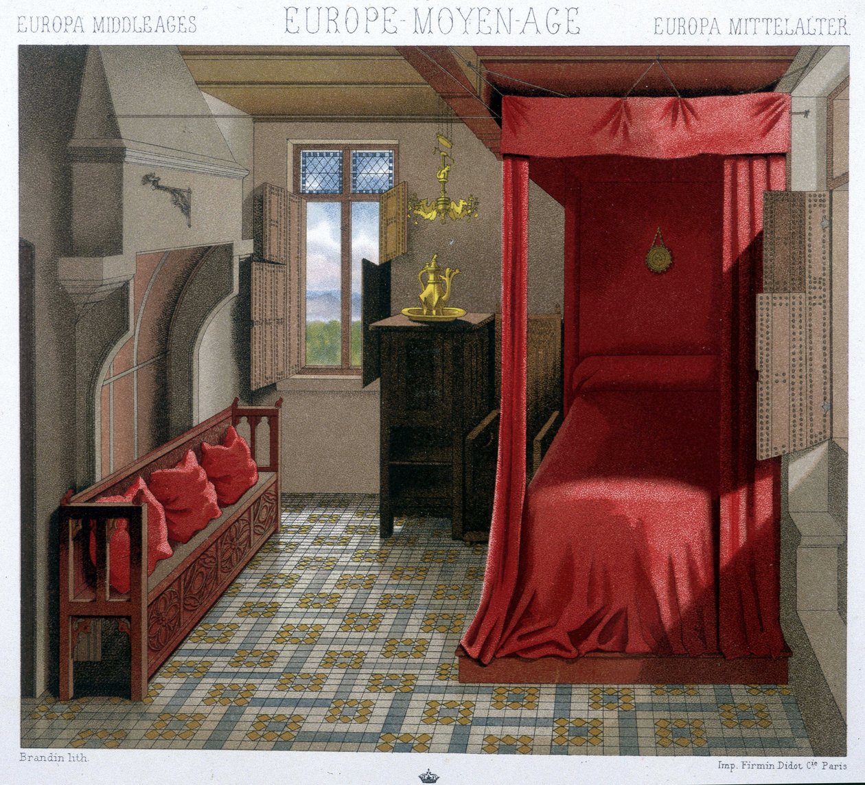 Interior of a house in the 15th and 16th century. In “Le costume historiqu” e by A. Racinet 作者 未知艺术家