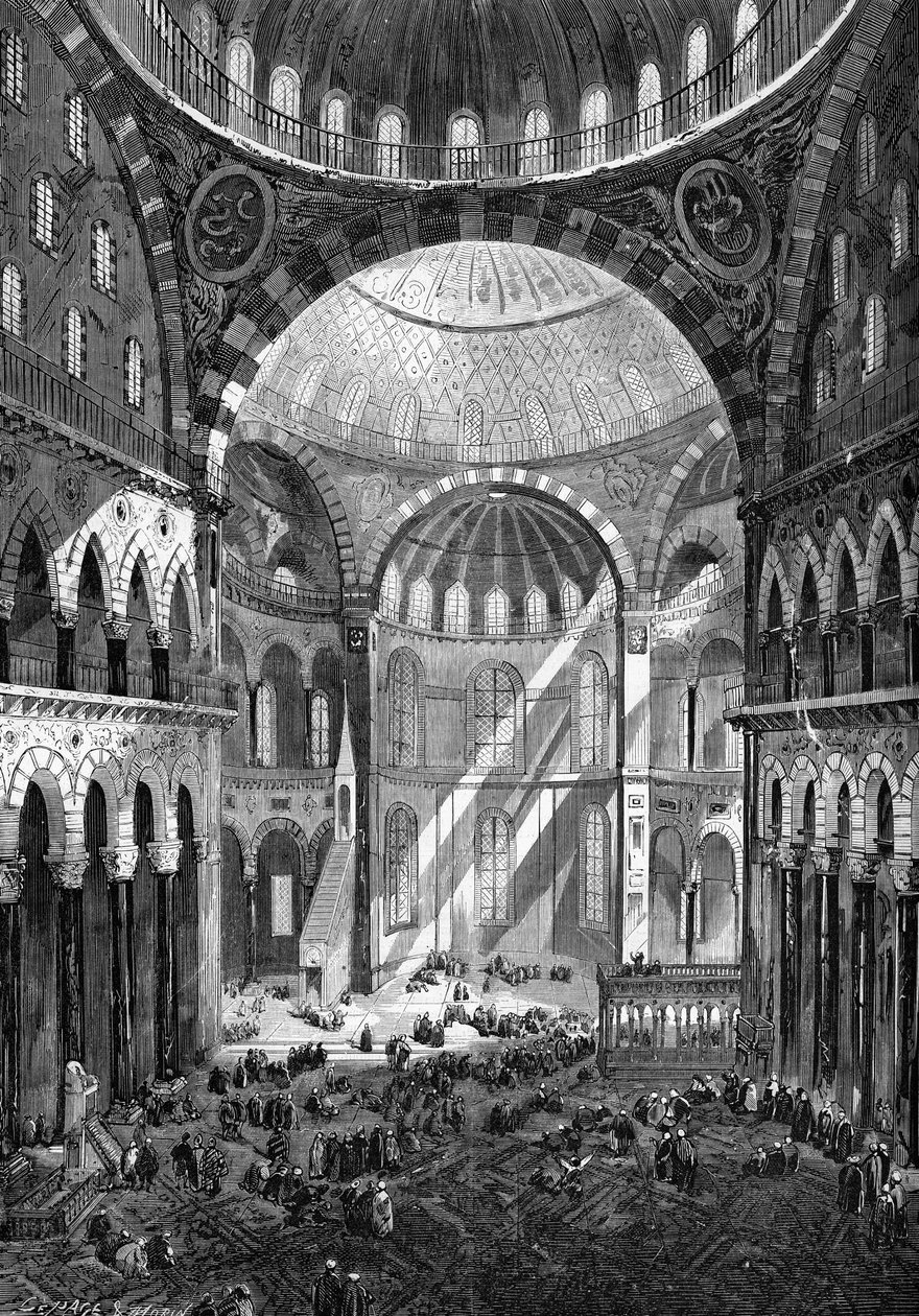 1858年君士坦丁堡的圣索菲亚（Hagia Sophia）清真寺（6世纪的拜占庭艺术）的内部视图。 作者 未知艺术家