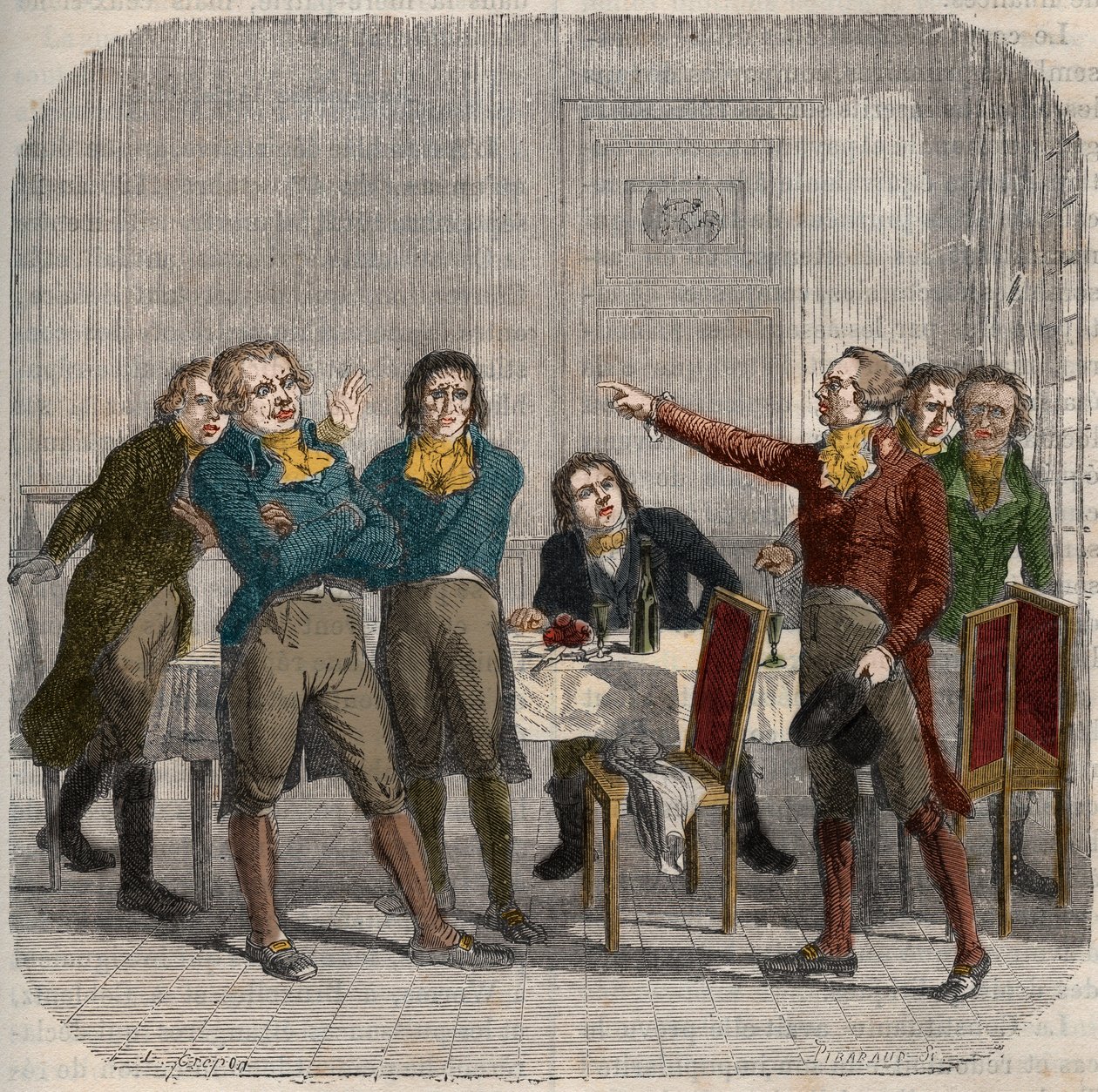 让-保罗（Jean Paul）-马拉（1743-1793）、马克西米利安-德-罗伯斯庇尔（1758-1794）和乔治-雅克-丹东（1759-1794）于1793年6月28日在巴黎Rue du Paon的一家咖啡馆进行的谈话。载于 "法国国家图鉴 "的版画。19世纪 作者 未知艺术家