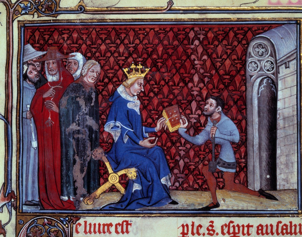 雅克·鲍尚 (Jacques Bauchant) 将他的书赠送给查理五世国王 (1338-1380)，该书取自巴黎圣昆廷 (?-1396) 的雅克·鲍尚 (Jacques Bauchant) 所著的“上帝之道和圣伊丽莎白·冯·舍瑙 (1128-1164) 的愿景”， 国阵 作者 未知艺术家