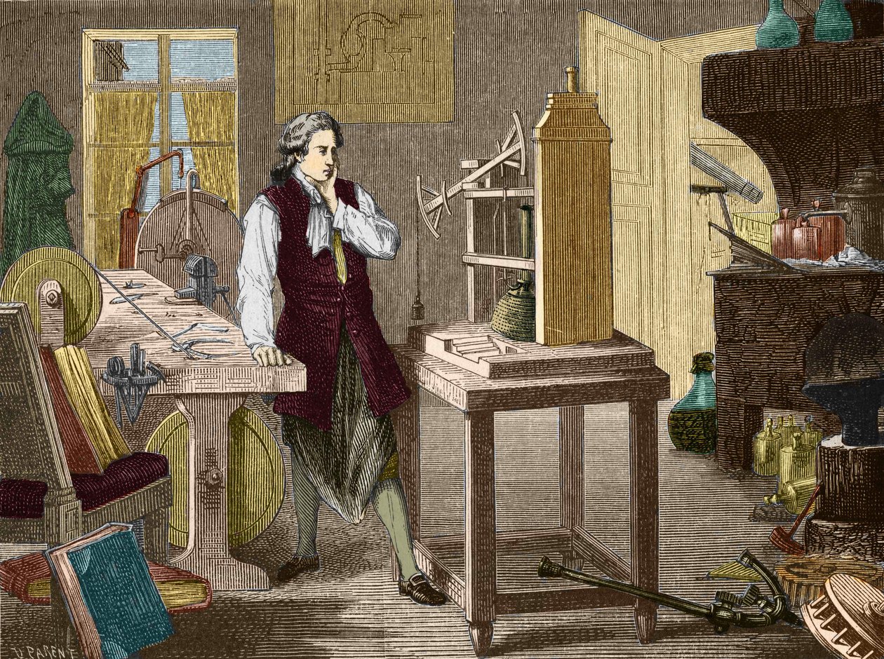 詹姆斯-瓦特研究纽科门机器的完善（1767年）（蒸汽机）--载于《科学专辑；杰出的科学家；伟大的发现》1896。 作者 未知艺术家