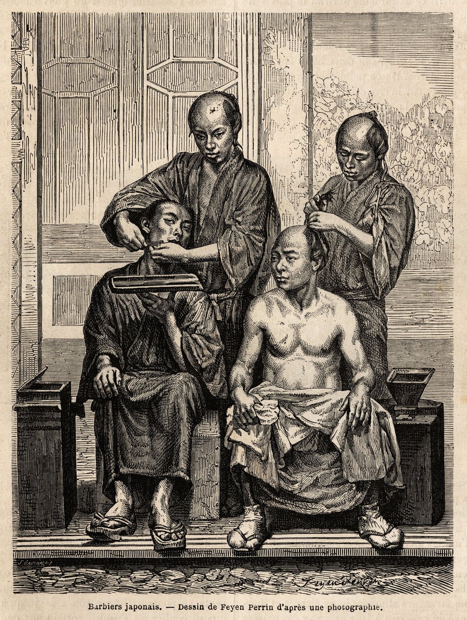 他们店里的日本理发师，一个刮胡子，另一个造型裸体男人。 雕刻说明 1863 年至 1864 年前往日本的航行，由瑞士联邦部长艾梅·亨伯特 (Aime Humbert) 在“Le tour du monde, nouveau journal des voyages”中绘制 作者 未知艺术家