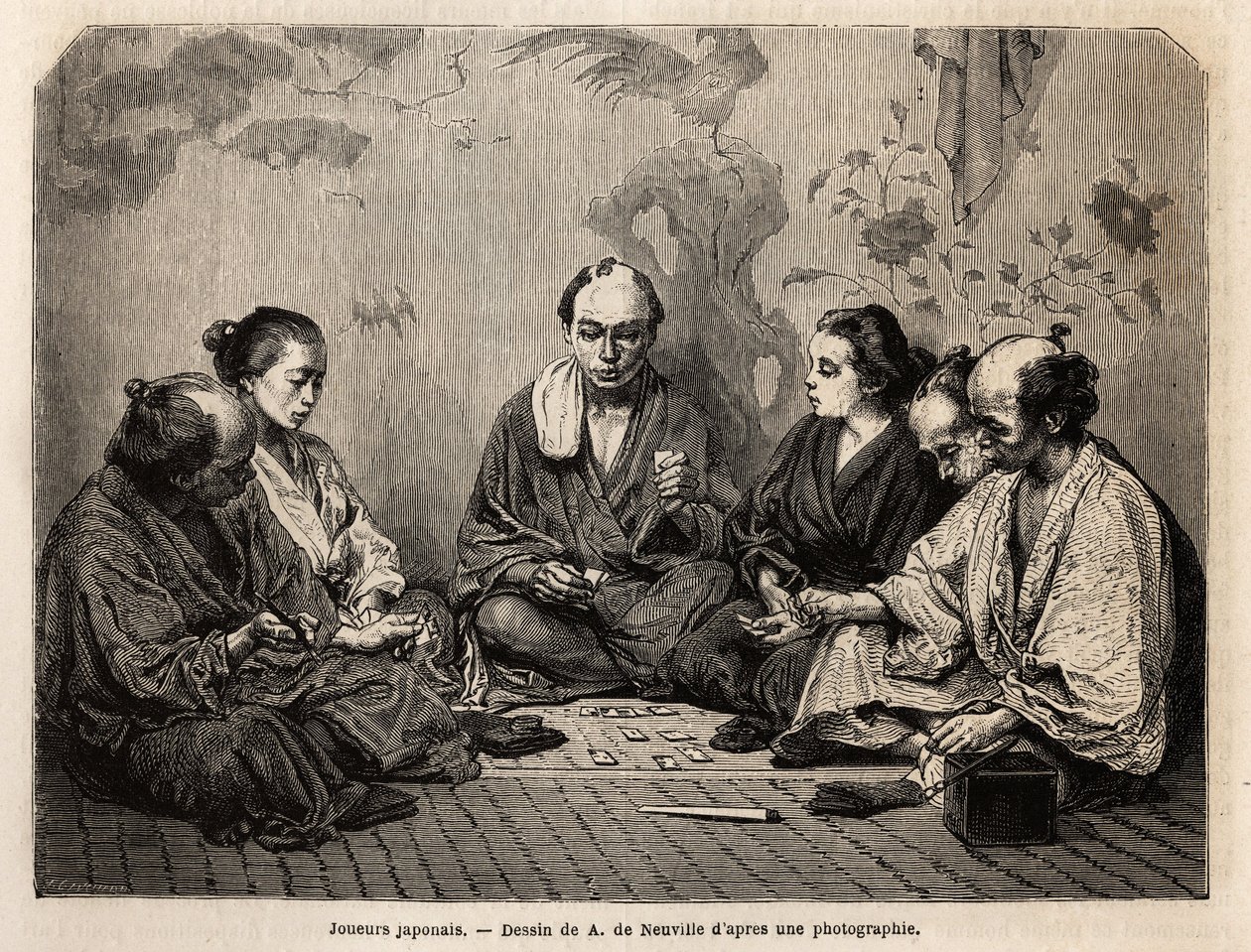 日本玩家在纸牌中间。 1863 年至 1864 年瑞士联邦大臣艾梅·亨伯特 (Aime Humbert) 的日本旅行故事，在爱德华·查顿 (Edouard Charton) 的指导下，发表在“Le tour du monde, nouveau journal des voyages”上，以说明日本 作者 未知艺术家