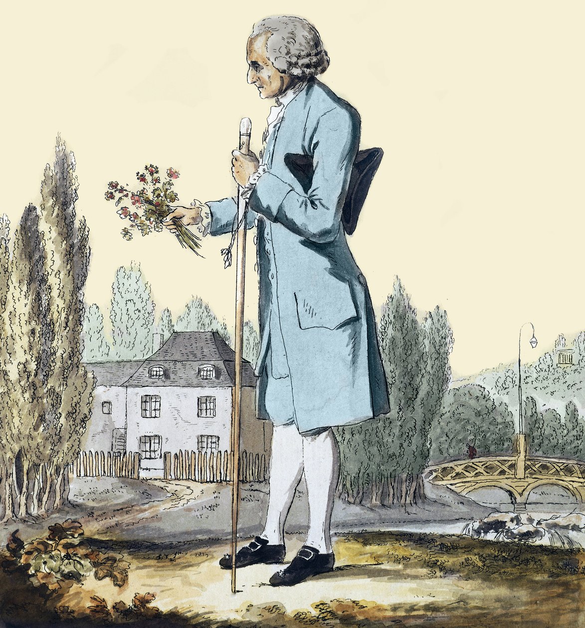 让-雅克-卢梭（1712-78）1778年6月在埃尔梅农维尔采摘草药 - 表现哲学家让-雅克-卢梭（1712-1778）在埃尔梅农维尔采摘鲜花。 作者 未知艺术家