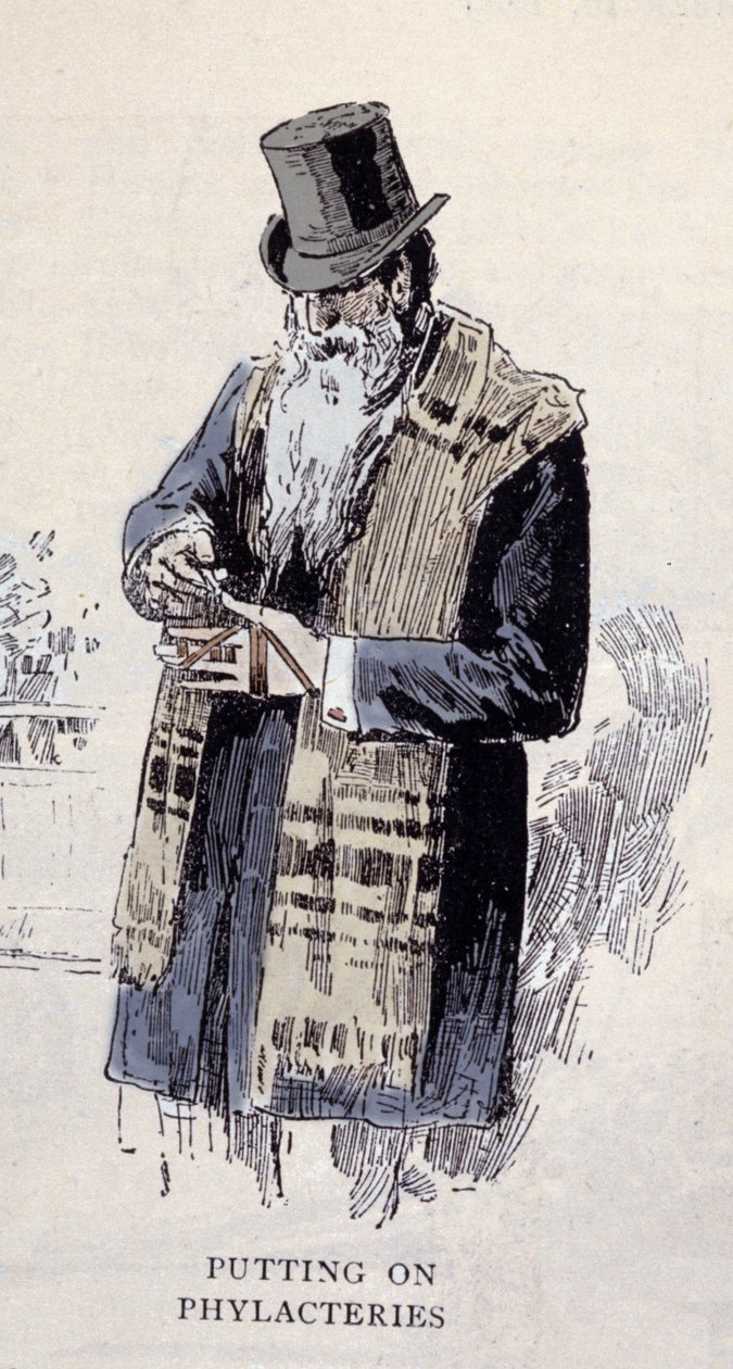 犹太宗教：一个戴着祈祷石灰（Talit 或 Tzitzit）的老犹太男子，雕刻于 1890 年 作者 未知艺术家