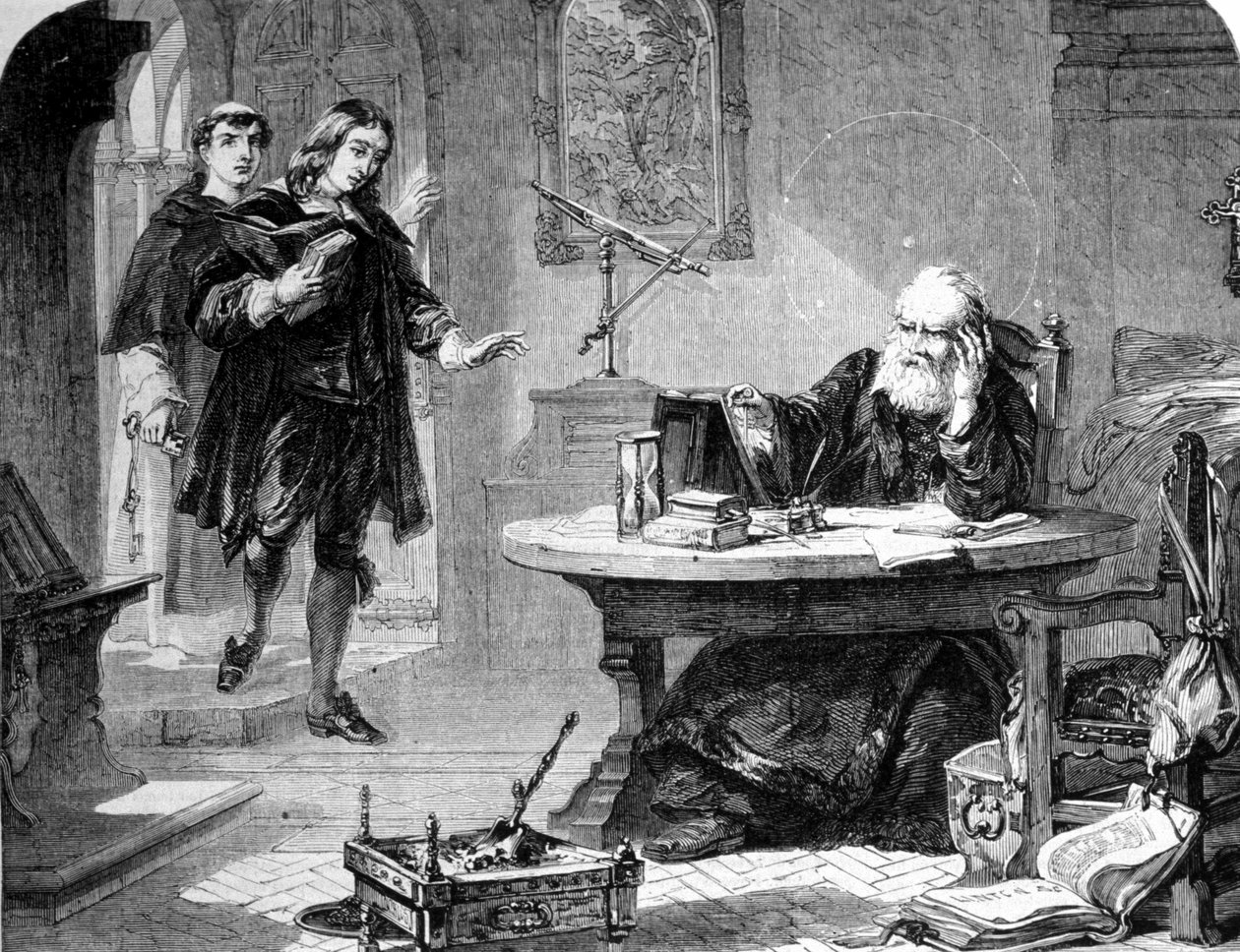 约翰-米尔顿，英国诗人和散文家（1608 - 1674）在佛罗伦萨宗教裁判所的牢房里拜访了伽利略（Galileo）（1564 - 1642）。雕版画。1860年左右。 作者 未知艺术家