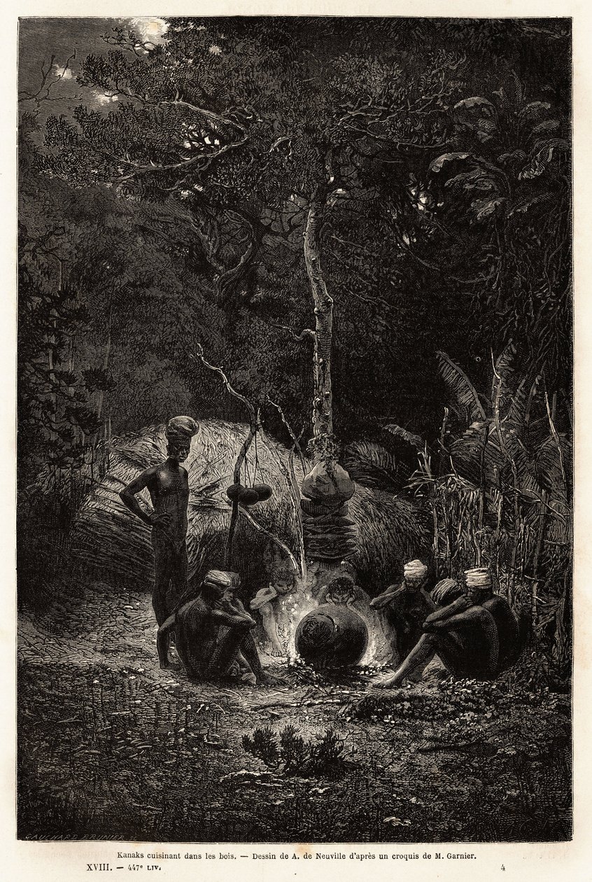 卡纳克人在帕马莱境内的树林里做饭。 1863-1866 年，矿山土木工程师朱尔斯·加尼尔 (Jules Garnier) 为说明新喀里多尼亚之旅而绘制的版画，发表于“世界之旅，新航海杂志”，Edouard C 编辑 作者 未知艺术家