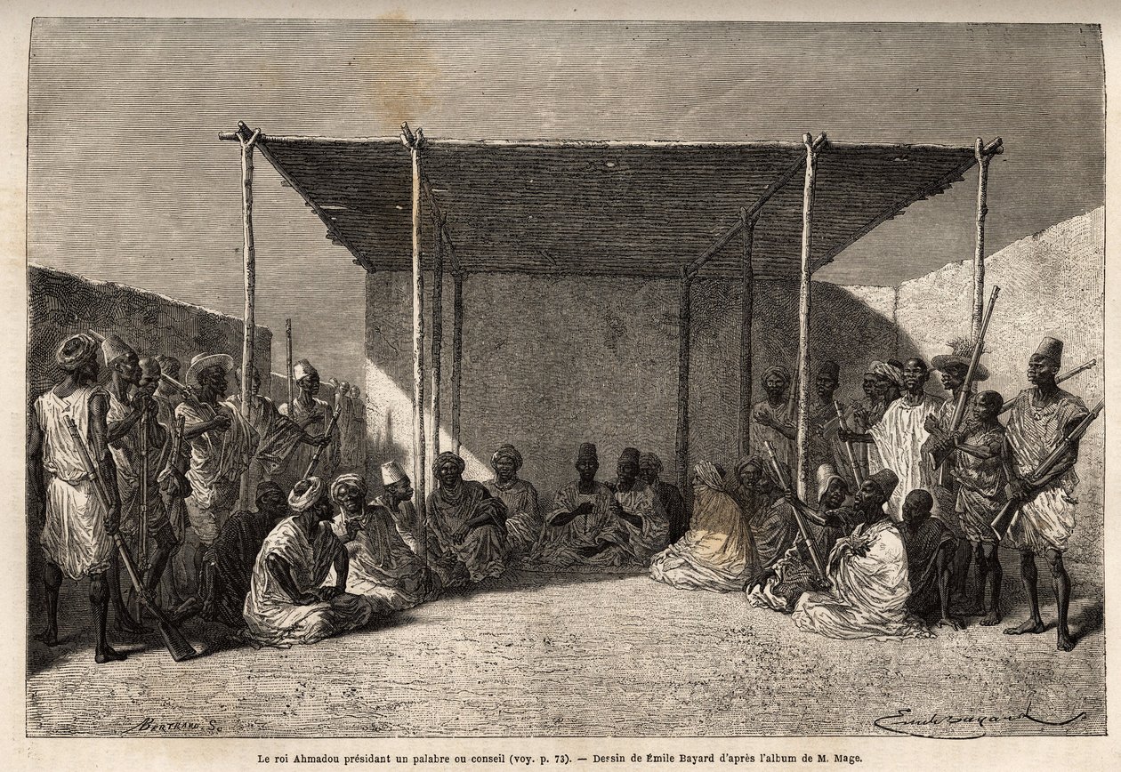 King Ahmadou presiding over a council or palabre of the Toucouleur empire in Segou Sikoro (Mali), the wise men sit and the warriors set, the king holds a Muslim rosary in his hands. Engraving to illustrate the voyage to Western Sudan of Lieutenant (Navy) M 作者 未知艺术家